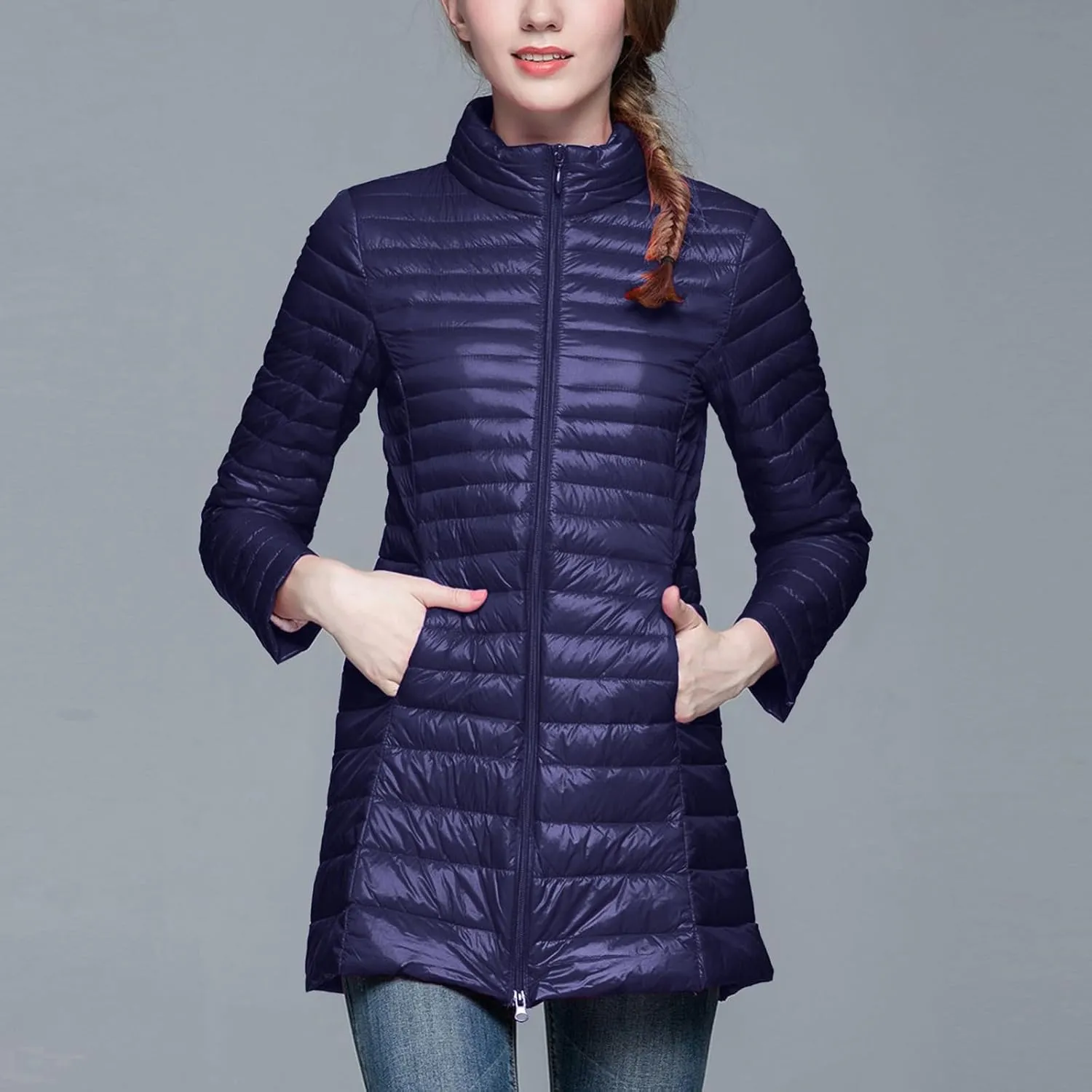 Long Puffer Jackets for Women Lightweight Packable Warm Winter Down Coats Casual Slim Fit Stand Collar Quilted Jacket