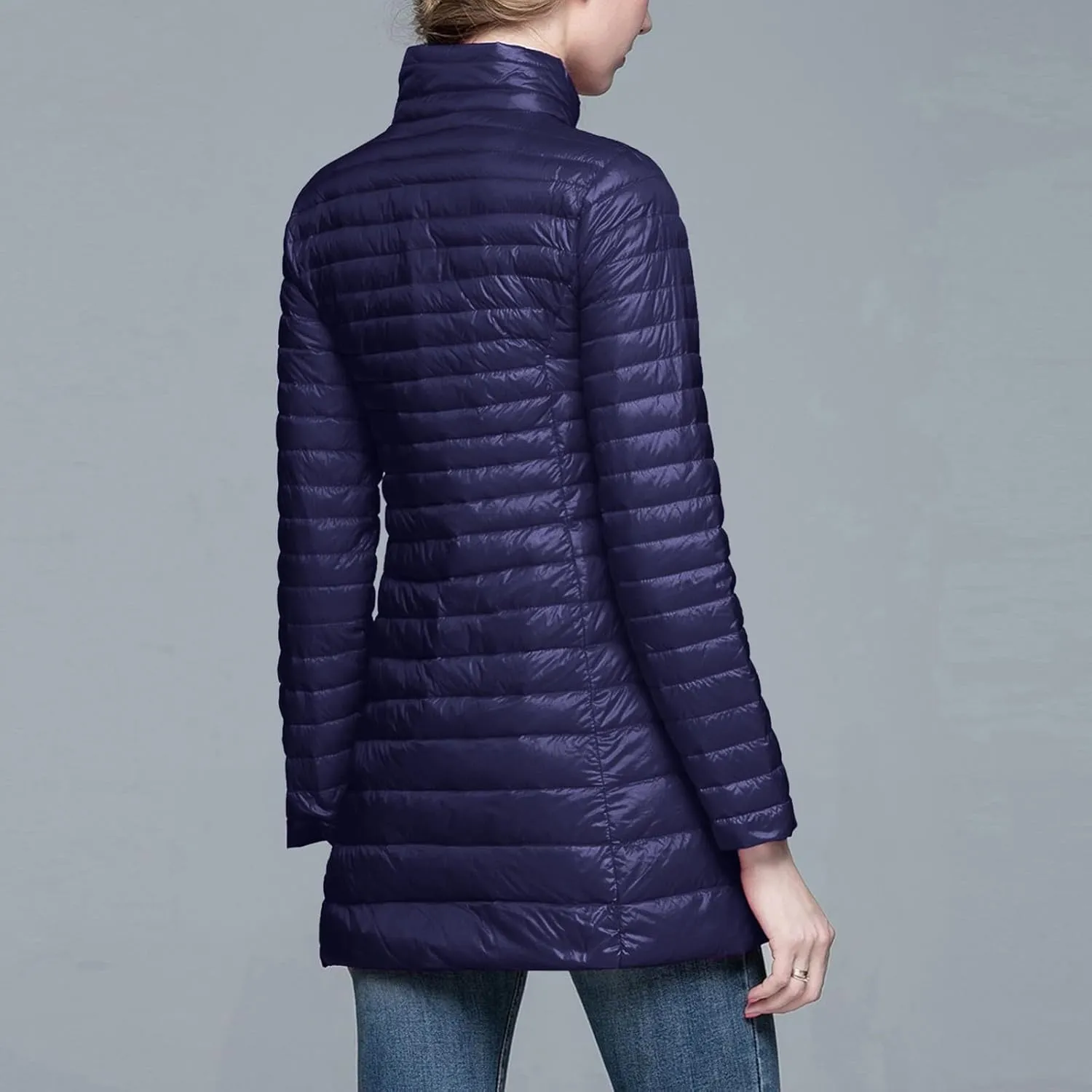 Long Puffer Jackets for Women Lightweight Packable Warm Winter Down Coats Casual Slim Fit Stand Collar Quilted Jacket