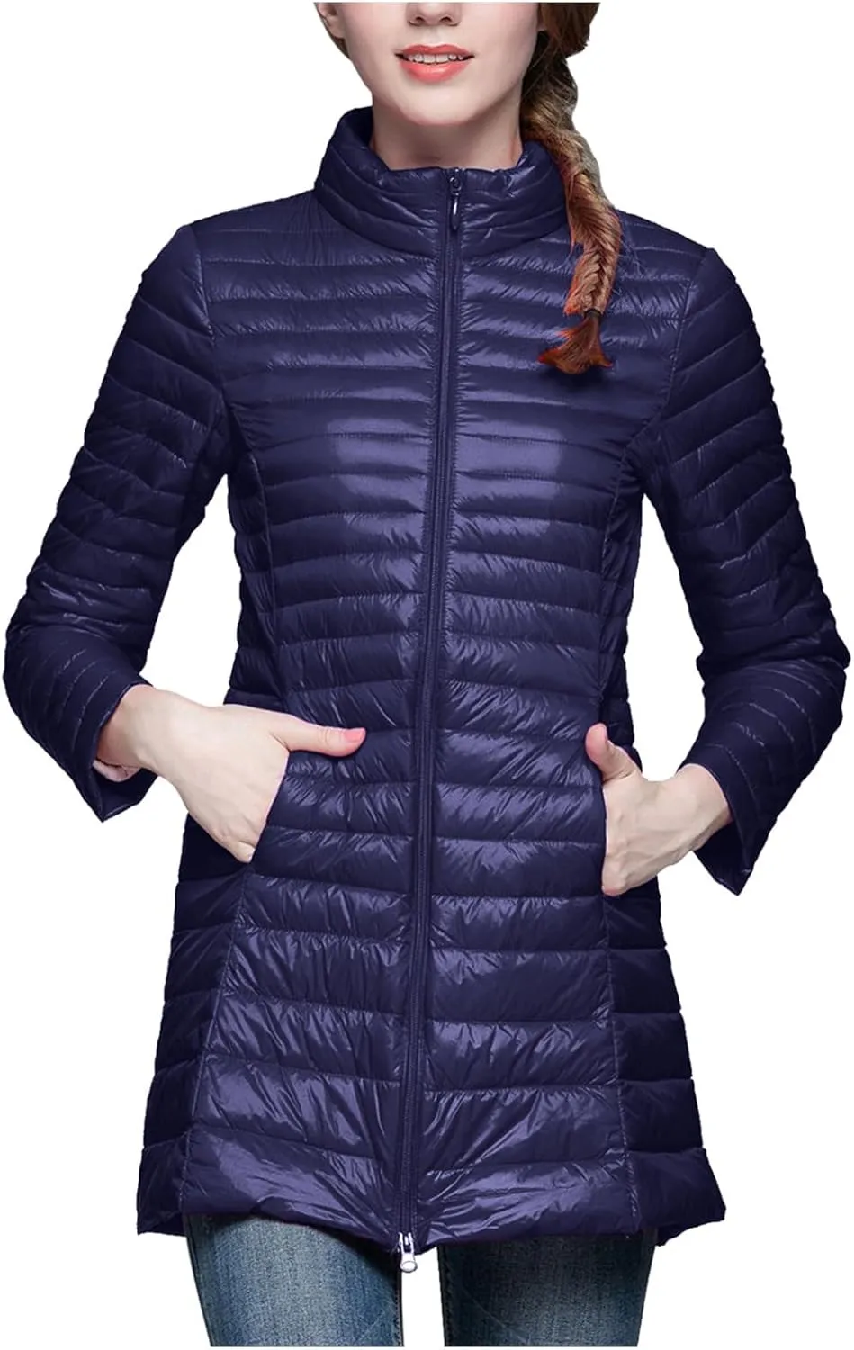 Long Puffer Jackets for Women Lightweight Packable Warm Winter Down Coats Casual Slim Fit Stand Collar Quilted Jacket