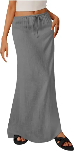 Long Skirts for Women Boho Vacation Flowy Maxi Skirt Lightweight Drawstring Low Rise Ankle Length Slim A Line Skirt