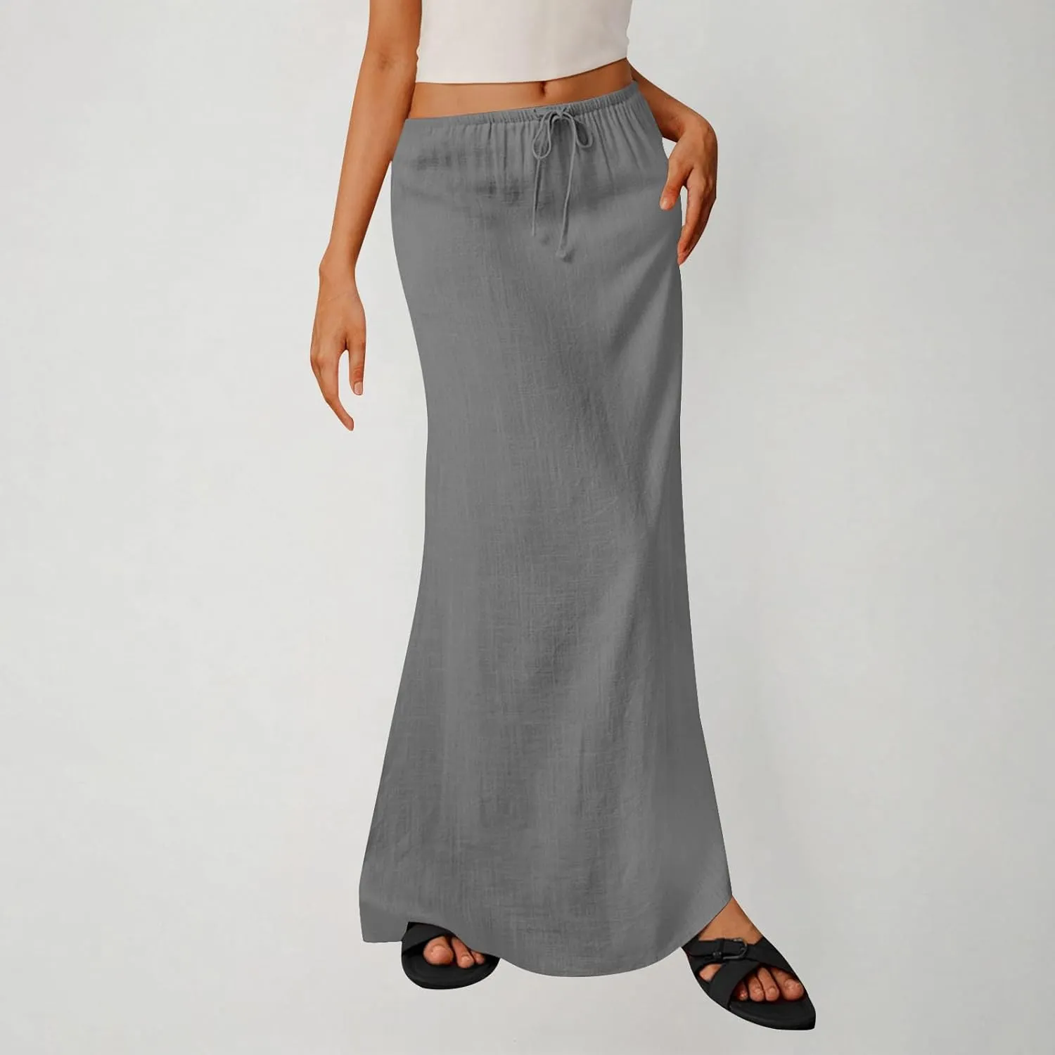 Long Skirts for Women Boho Vacation Flowy Maxi Skirt Lightweight Drawstring Low Rise Ankle Length Slim A Line Skirt
