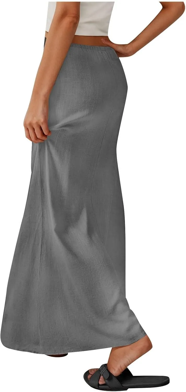 Long Skirts for Women Boho Vacation Flowy Maxi Skirt Lightweight Drawstring Low Rise Ankle Length Slim A Line Skirt