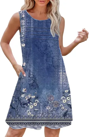 Long Summer Dresses Womens with Pockets Summer Casual Tank Dress Sleeveless Midi Beach Dress Cotton Dress Summer