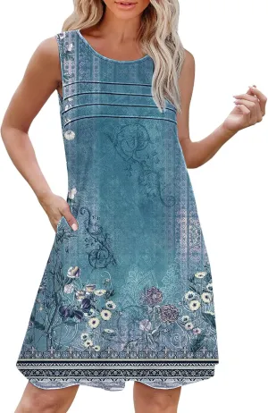 Long Summer Dresses Womens with Pockets Summer Casual Tank Dress Sleeveless Midi Beach Dress Cotton Dress Summer