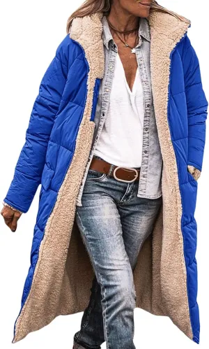 Long Winter Coats for Women Fleece Reversible Puffer Jackets Sherpa Padded Down Coat Oversized Long Sleeve Hooded
