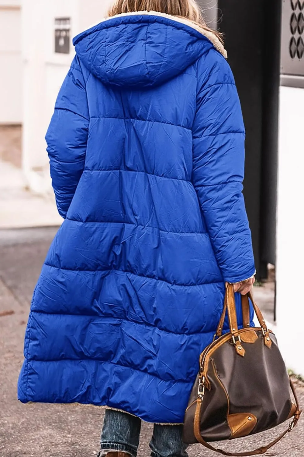 Long Winter Coats for Women Fleece Reversible Puffer Jackets Sherpa Padded Down Coat Oversized Long Sleeve Hooded