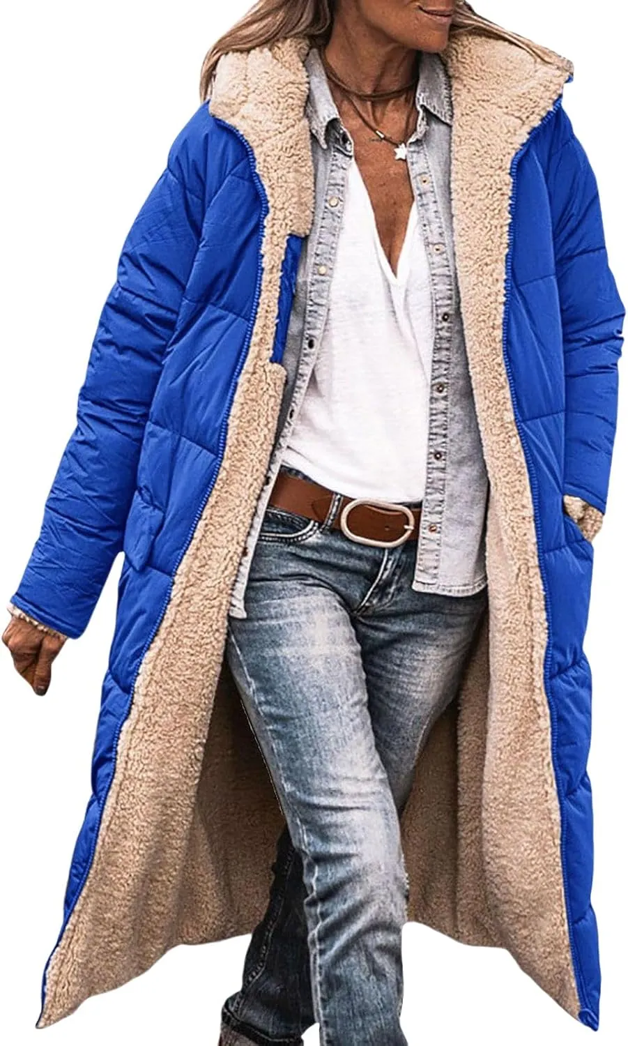 Long Winter Coats for Women Fleece Reversible Puffer Jackets Sherpa Padded Down Coat Oversized Long Sleeve Hooded