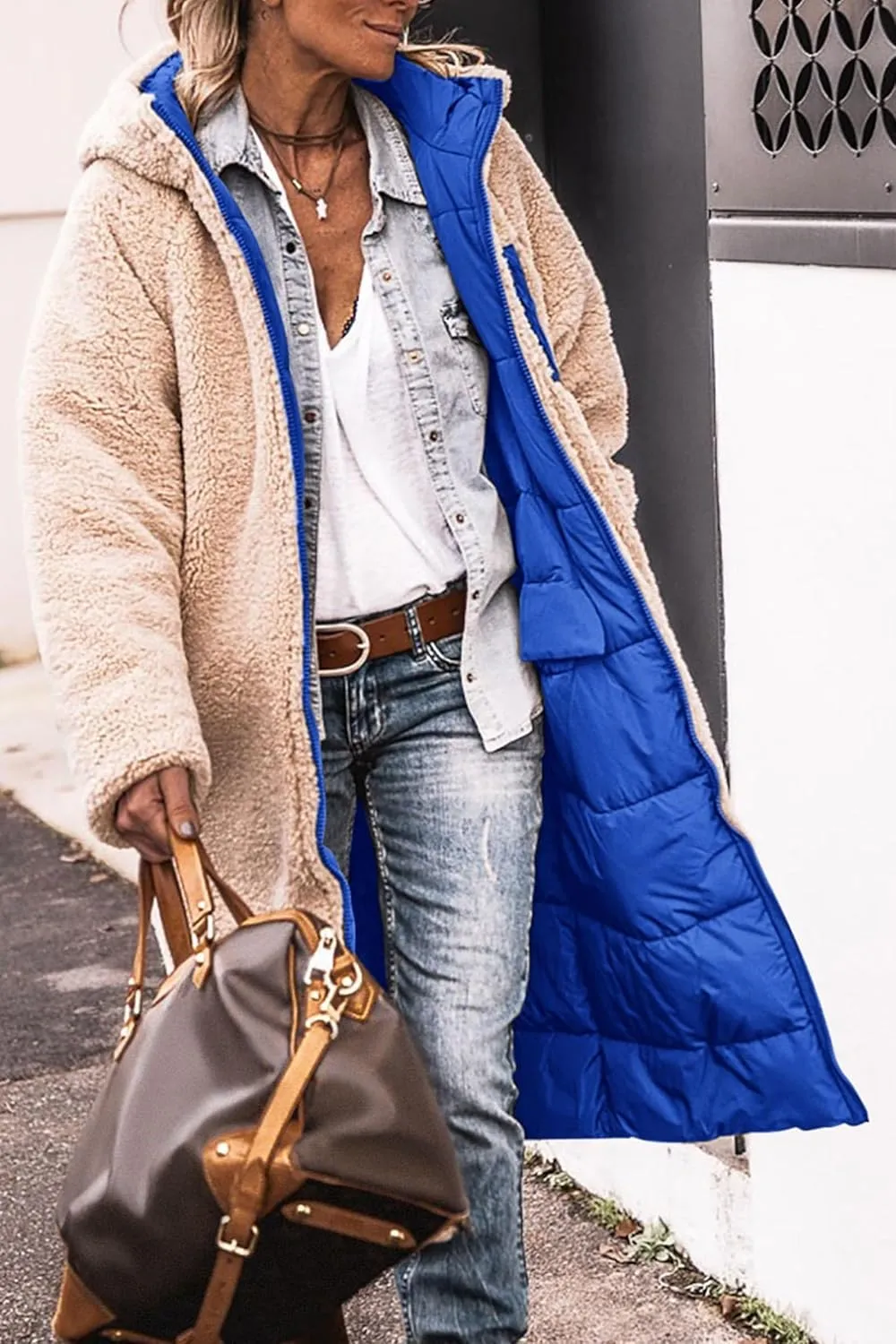 Long Winter Coats for Women Fleece Reversible Puffer Jackets Sherpa Padded Down Coat Oversized Long Sleeve Hooded