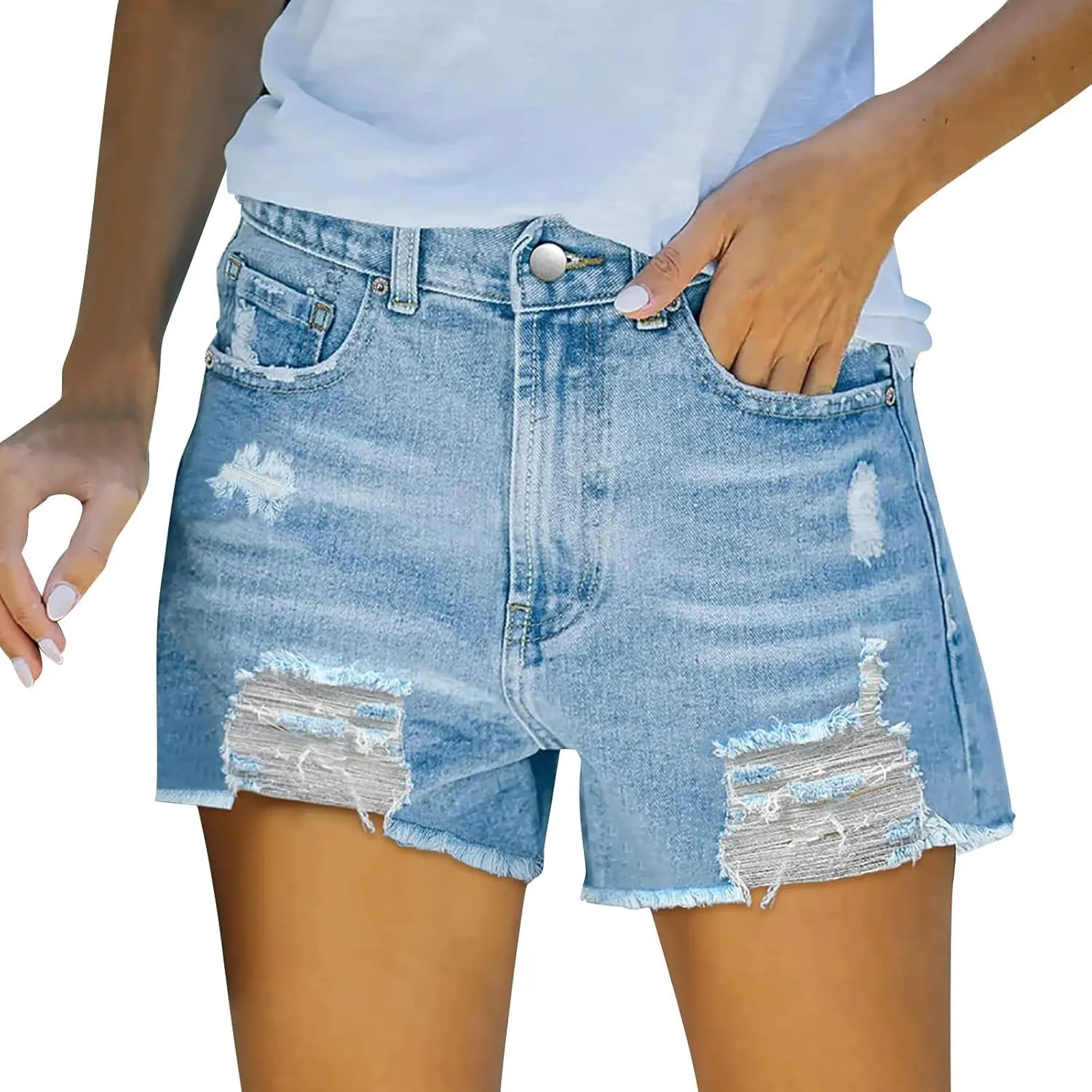 Lpmadey Women Casual High Waisted Denim Shorts Frayed Raw Hem Ripped Jeans Shorts Distressed Jean Shorts Stretchy Short Jeans