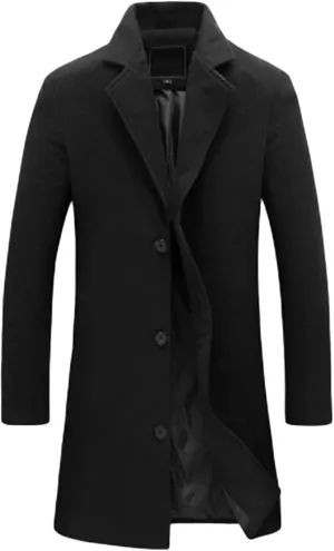 Maiyifu-GJ Men's Slim Winter Wool Blend Coat Single Breasted Business Long Pea Coats Notched Lapel Trench Jacket Overcoat