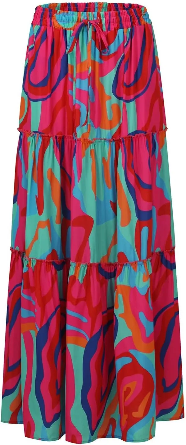 Maxi Pleated Skirts for Women Floral Print Boho Tiered Skirt Elastic High Waist A Line Flowy Long Skirts with Pocket