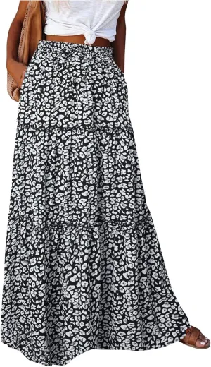 Maxi Pleated Skirts for Women Floral Print Boho Tiered Skirt Elastic High Waist A Line Flowy Long Skirts with Pocket