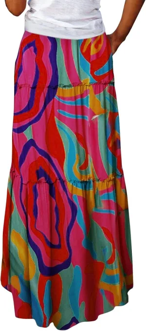 Maxi Pleated Skirts for Women Floral Print Boho Tiered Skirt Elastic High Waist A Line Flowy Long Skirts with Pocket
