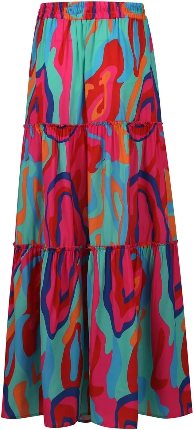 Maxi Pleated Skirts for Women Floral Print Boho Tiered Skirt Elastic High Waist A Line Flowy Long Skirts with Pocket