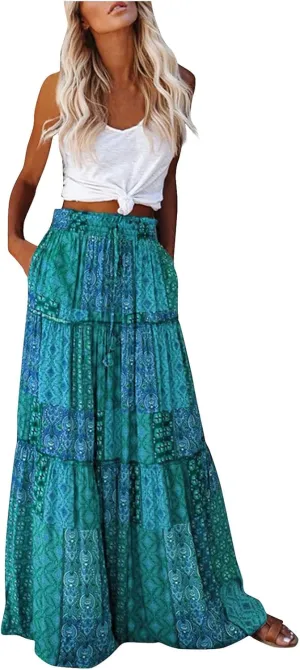 Maxi Skirt with Pockets for Women Casual High Waist Tie Paisley Print Long Skirt Bohemian Flowy Pleated Tiered Skirt