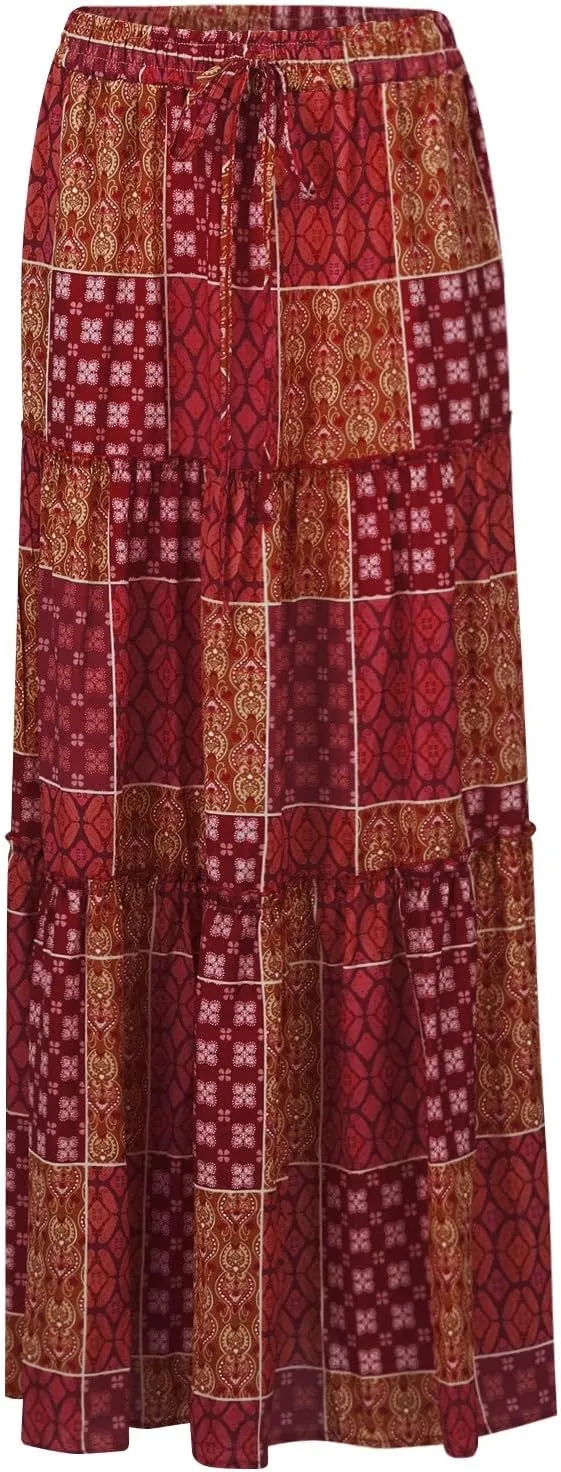Maxi Skirt with Pockets for Women Casual High Waist Tie Paisley Print Long Skirt Bohemian Flowy Pleated Tiered Skirt