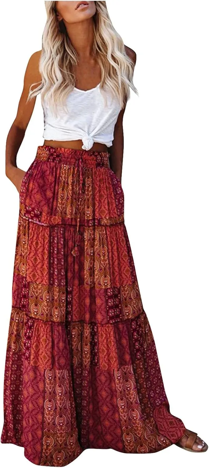 Maxi Skirt with Pockets for Women Casual High Waist Tie Paisley Print Long Skirt Bohemian Flowy Pleated Tiered Skirt