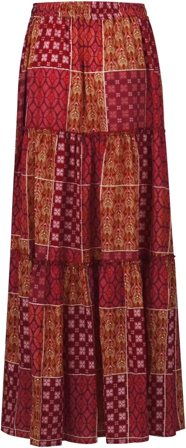 Maxi Skirt with Pockets for Women Casual High Waist Tie Paisley Print Long Skirt Bohemian Flowy Pleated Tiered Skirt