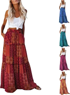 Maxi Skirt with Pockets for Women Casual High Waist Tie Paisley Print Long Skirt Bohemian Flowy Pleated Tiered Skirt