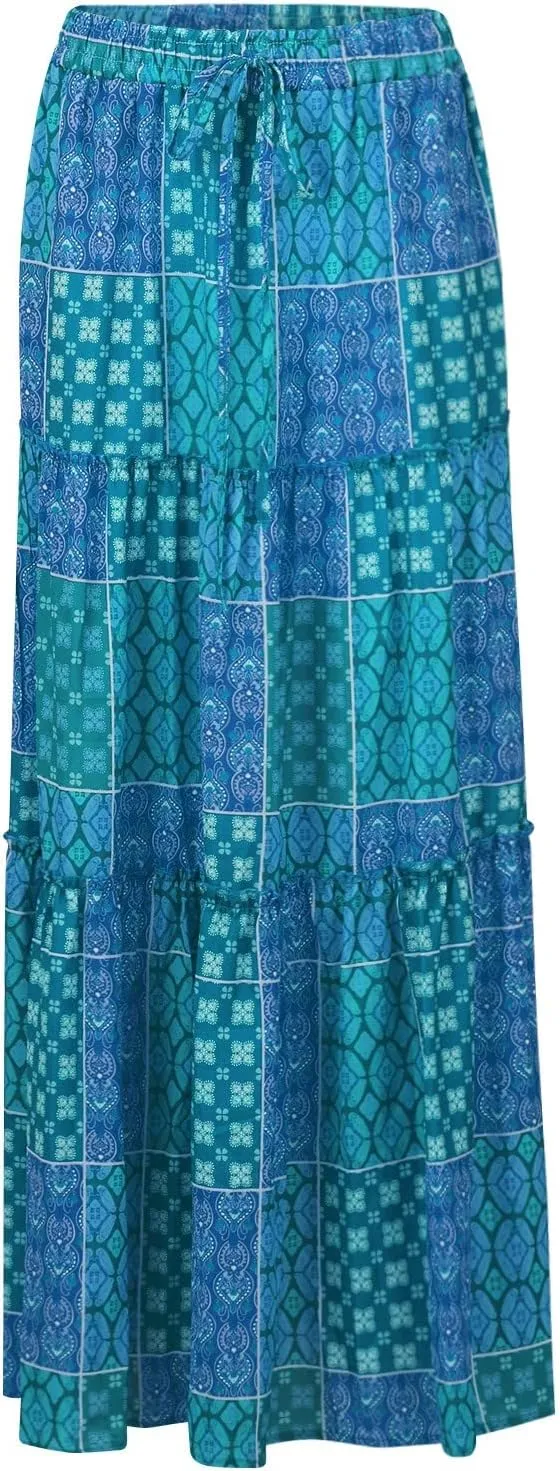 Maxi Skirt with Pockets for Women Casual High Waist Tie Paisley Print Long Skirt Bohemian Flowy Pleated Tiered Skirt