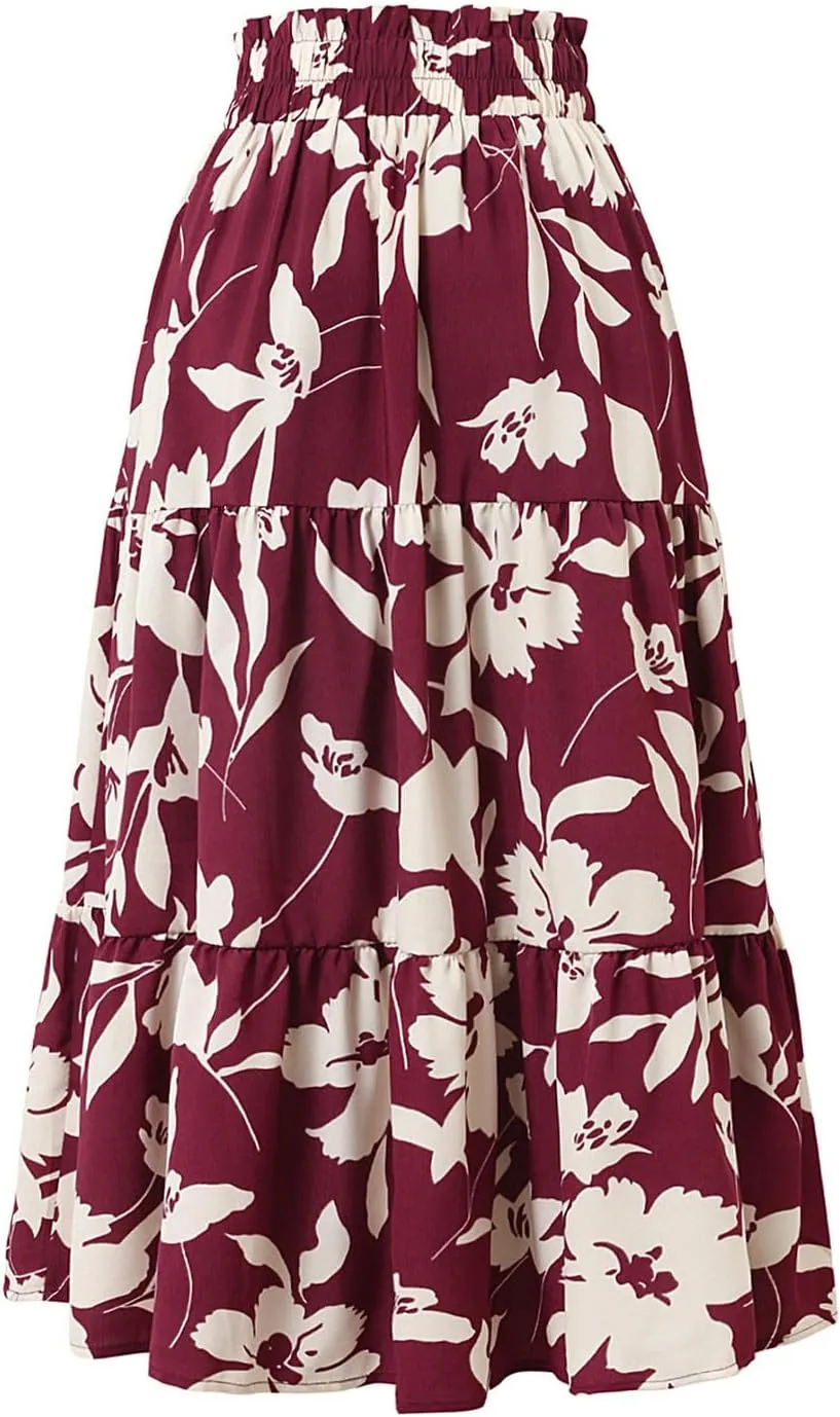 Maxi Skirts for Women Boho Floral Print Tiered Flowy Skirt Vacation Elastic Drawstring Waist A Line Pleated Skirt