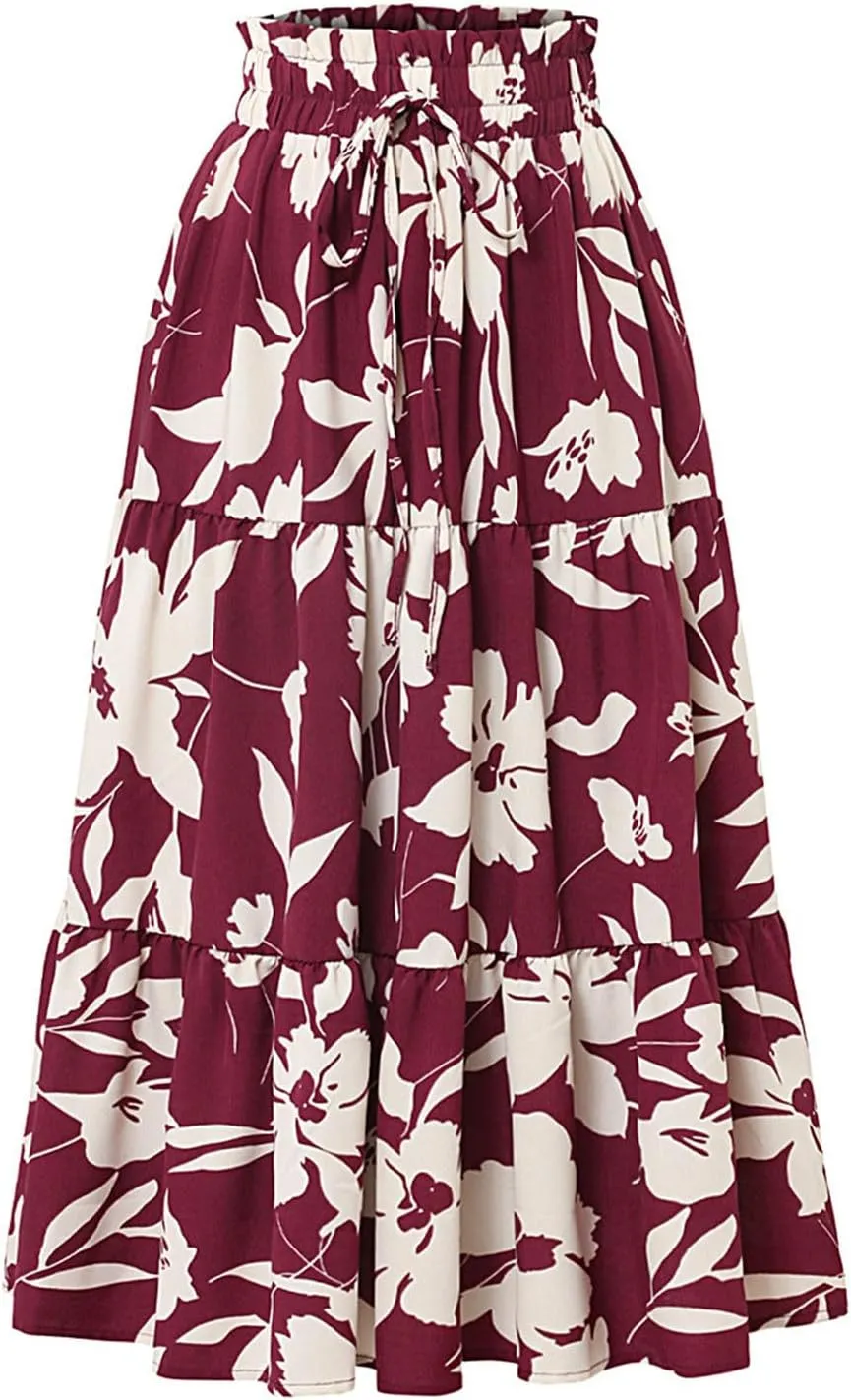 Maxi Skirts for Women Boho Floral Print Tiered Flowy Skirt Vacation Elastic Drawstring Waist A Line Pleated Skirt