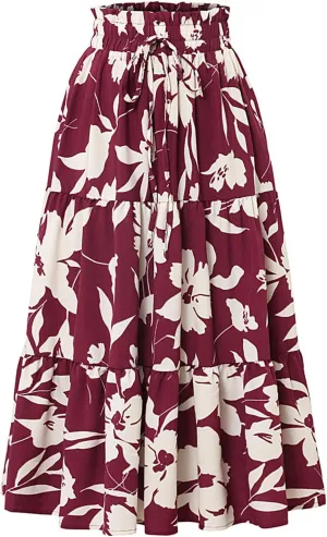 Maxi Skirts for Women Boho Floral Print Tiered Flowy Skirt Vacation Elastic Drawstring Waist A Line Pleated Skirt