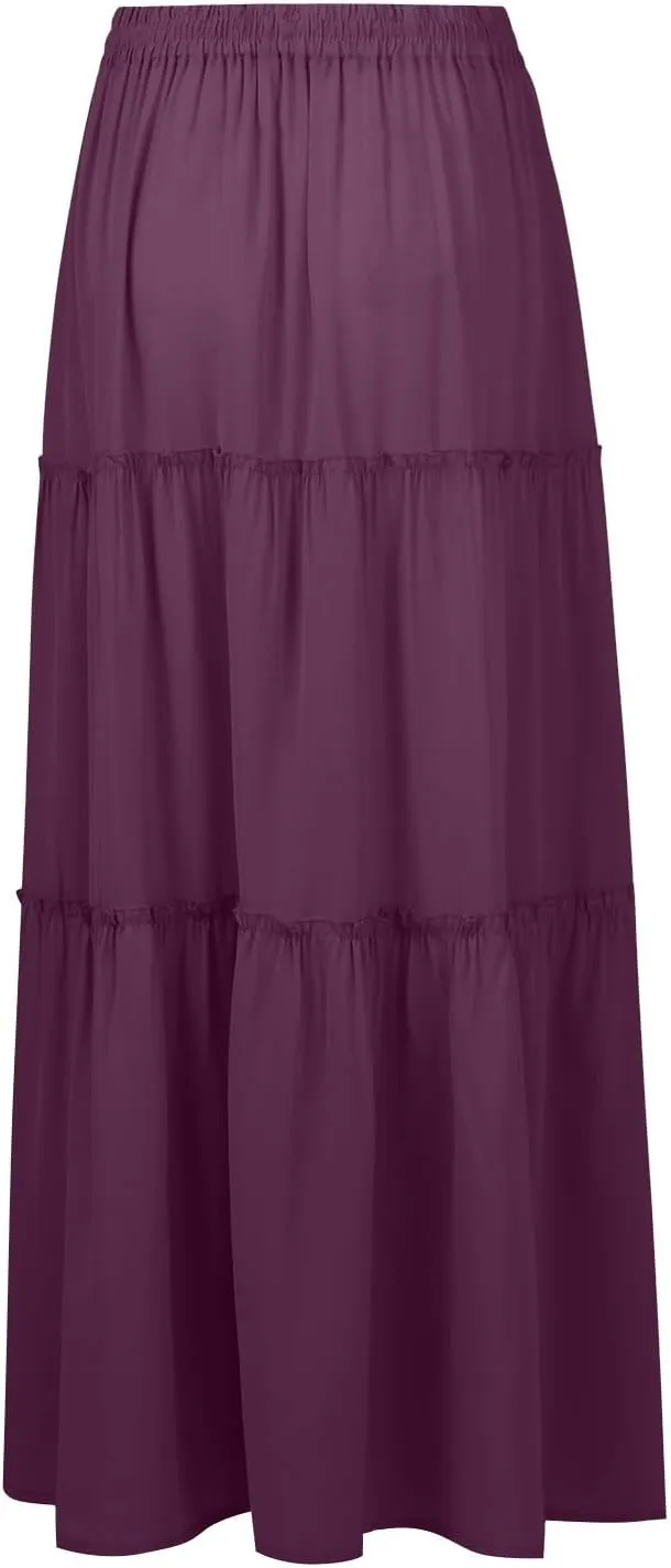 Maxi Skirts for Women Floral Print Boho Tiered Skirt Elastic High Waist Pleated A Line Flowy Long Skirts with Pocket