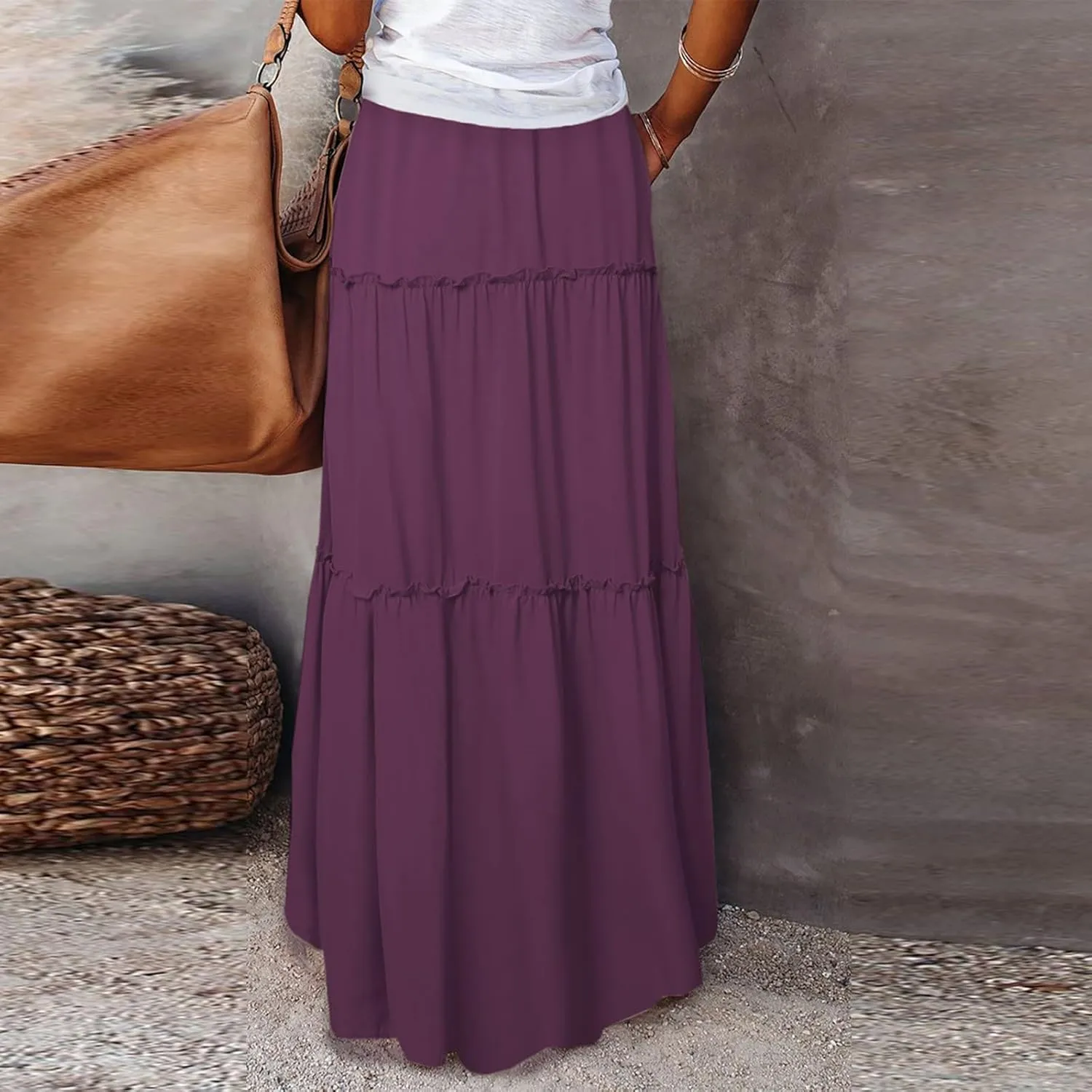 Maxi Skirts for Women Floral Print Boho Tiered Skirt Elastic High Waist Pleated A Line Flowy Long Skirts with Pocket