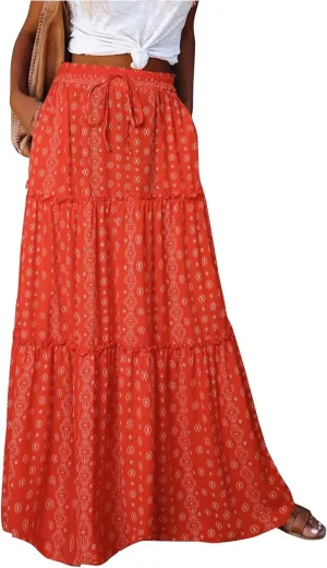 Maxi Skirts for Women Floral Print Boho Tiered Skirt Elastic High Waist Pleated A Line Flowy Long Skirts with Pocket