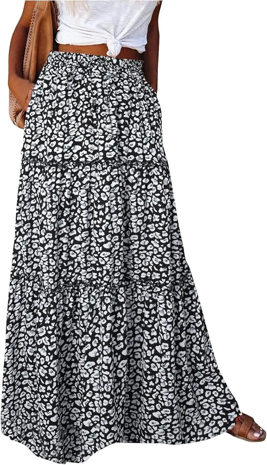 Maxi Skirts for Women Floral Print Boho Tiered Skirt Elastic High Waist Pleated A Line Flowy Long Skirts with Pocket