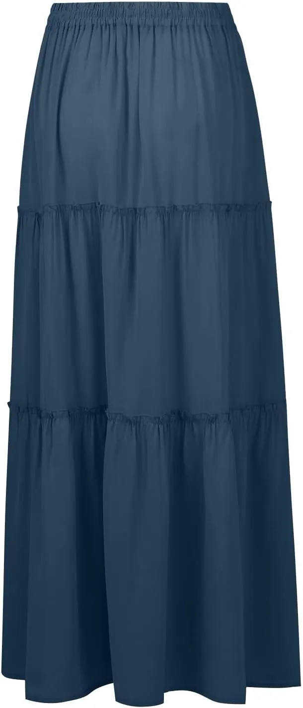 Maxi Skirts for Women Floral Print Boho Tiered Skirt Elastic High Waist Pleated A Line Flowy Long Skirts with Pocket