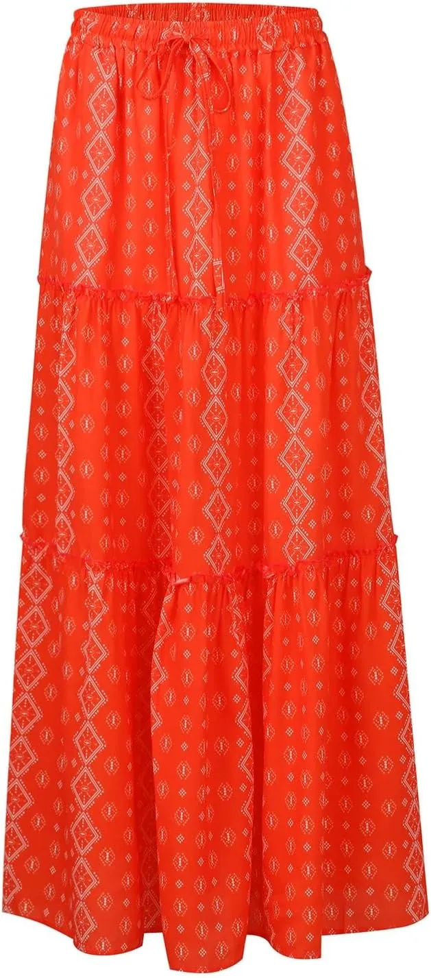 Maxi Skirts for Women Floral Print Boho Tiered Skirt Elastic High Waist Pleated A Line Flowy Long Skirts with Pocket