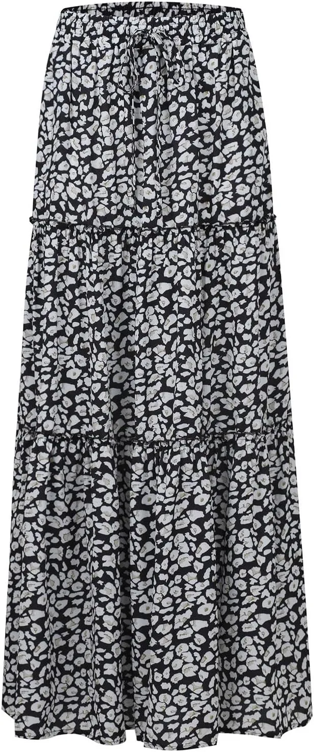 Maxi Skirts for Women Floral Print Boho Tiered Skirt Elastic High Waist Pleated A Line Flowy Long Skirts with Pocket
