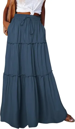 Maxi Skirts for Women Floral Print Boho Tiered Skirt Elastic High Waist Pleated A Line Flowy Long Skirts with Pocket