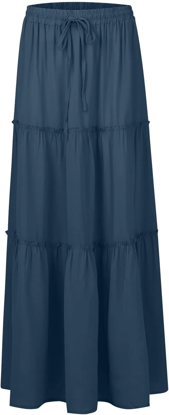 Maxi Skirts for Women Floral Print Boho Tiered Skirt Elastic High Waist Pleated A Line Flowy Long Skirts with Pocket
