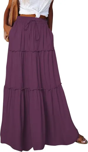 Maxi Skirts for Women Floral Print Boho Tiered Skirt Elastic High Waist Pleated A Line Flowy Long Skirts with Pocket