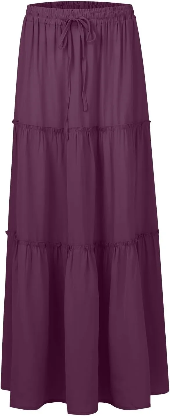 Maxi Skirts for Women Floral Print Boho Tiered Skirt Elastic High Waist Pleated A Line Flowy Long Skirts with Pocket
