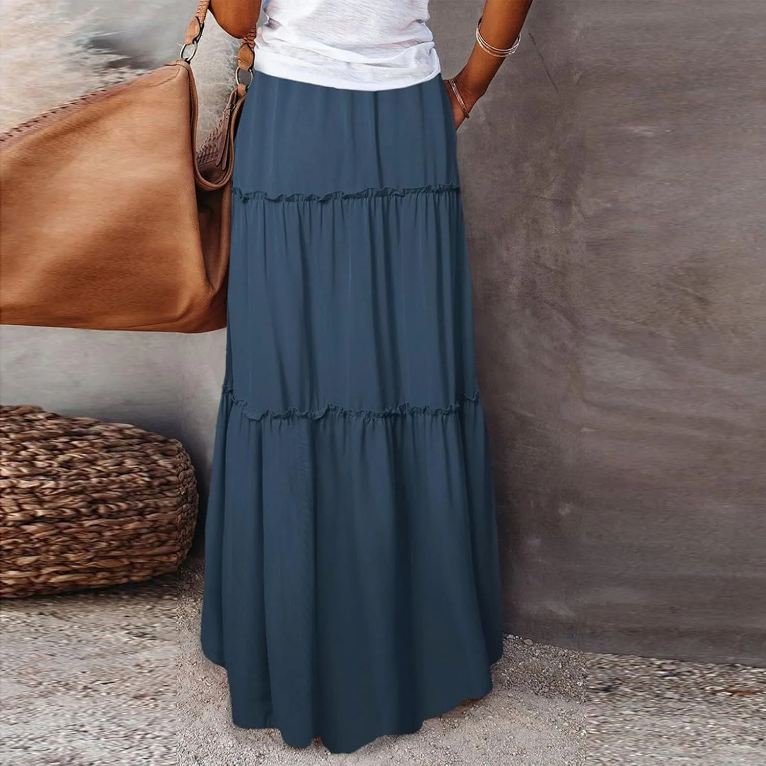 Maxi Skirts for Women Floral Print Boho Tiered Skirt Elastic High Waist Pleated A Line Flowy Long Skirts with Pocket