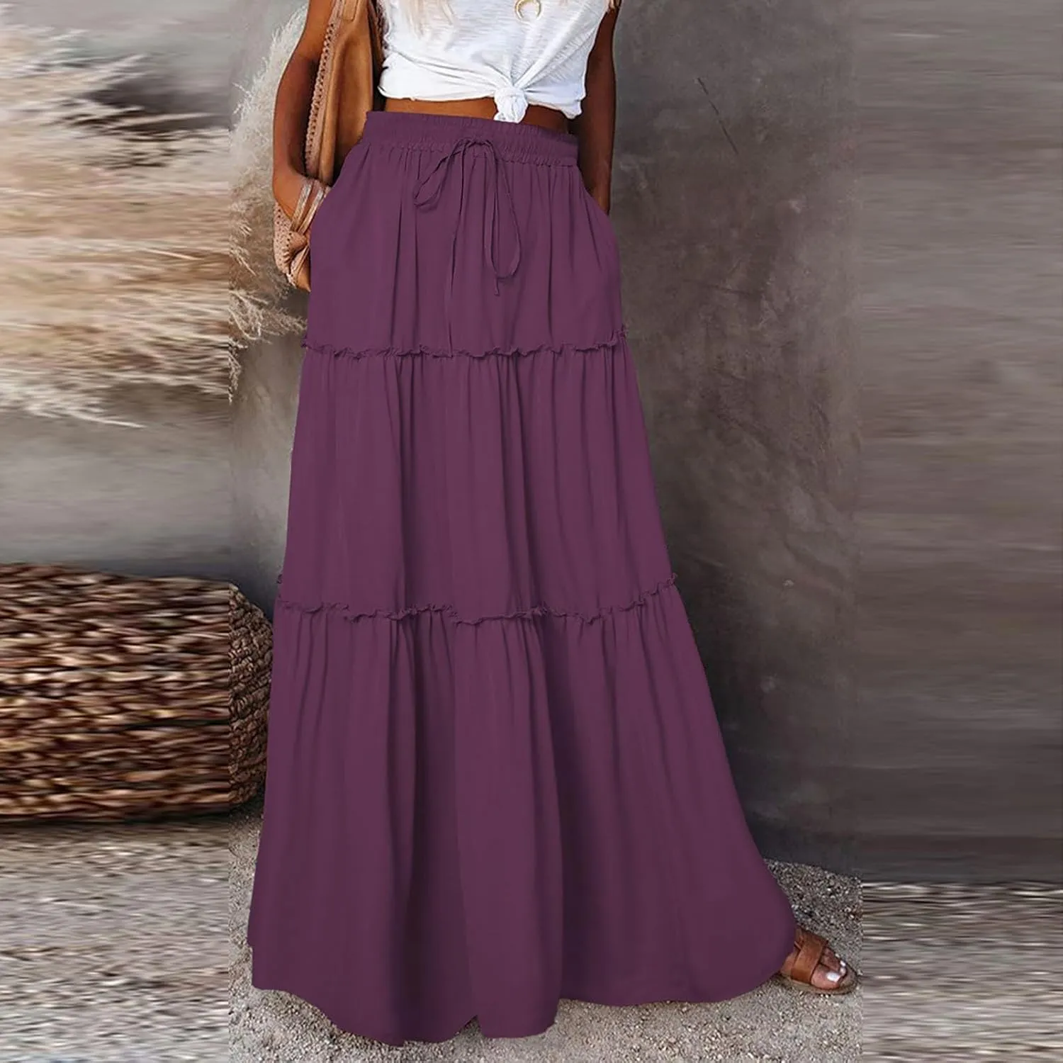 Maxi Skirts for Women Floral Print Boho Tiered Skirt Elastic High Waist Pleated A Line Flowy Long Skirts with Pocket