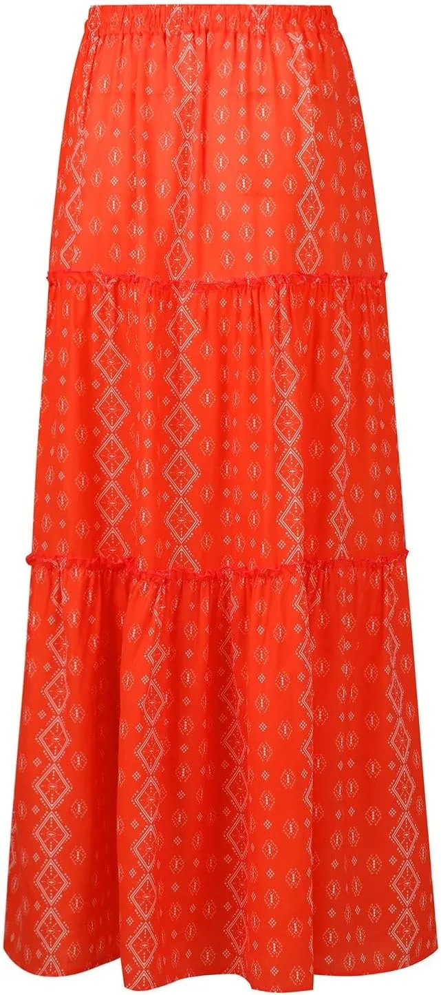 Maxi Skirts for Women Floral Print Boho Tiered Skirt Elastic High Waist Pleated A Line Flowy Long Skirts with Pocket