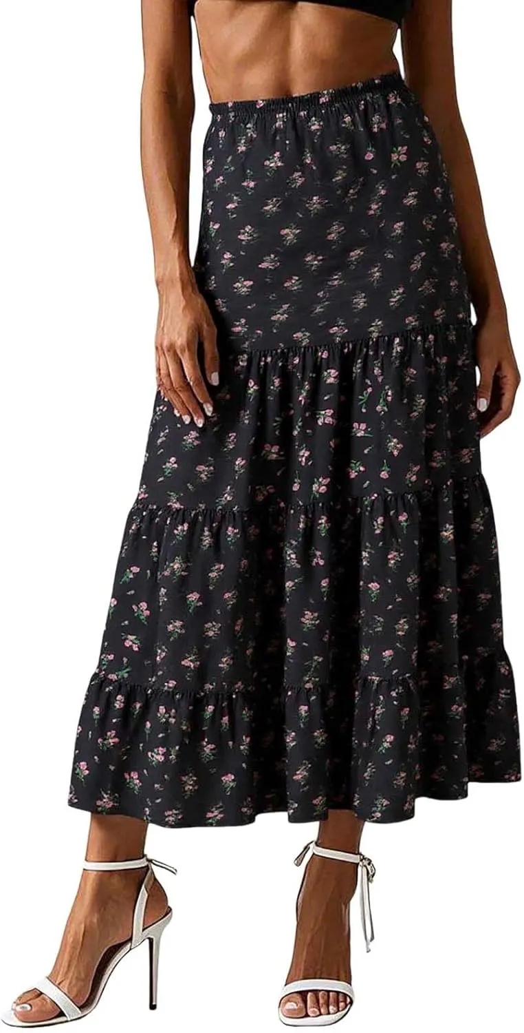 Maxi Skirts for Women Summer A Line Flowy Tiered Bohemian Drawstring High Waist Casual Flowy Skirts with Tie