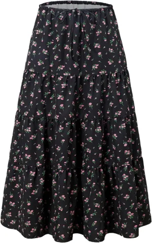 Maxi Skirts for Women Summer A Line Flowy Tiered Bohemian Drawstring High Waist Casual Flowy Skirts with Tie