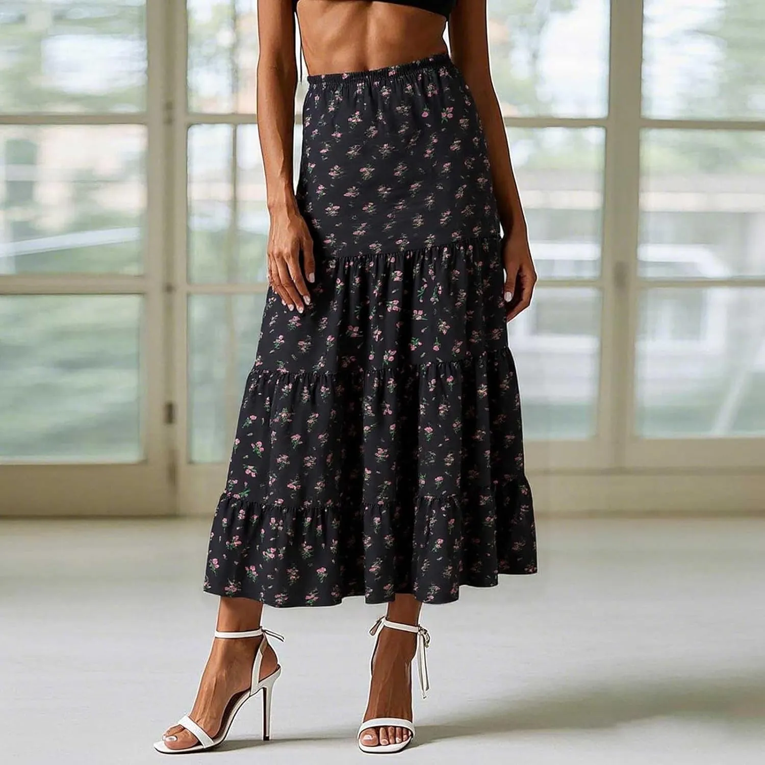 Maxi Skirts for Women Summer A Line Flowy Tiered Bohemian Drawstring High Waist Casual Flowy Skirts with Tie