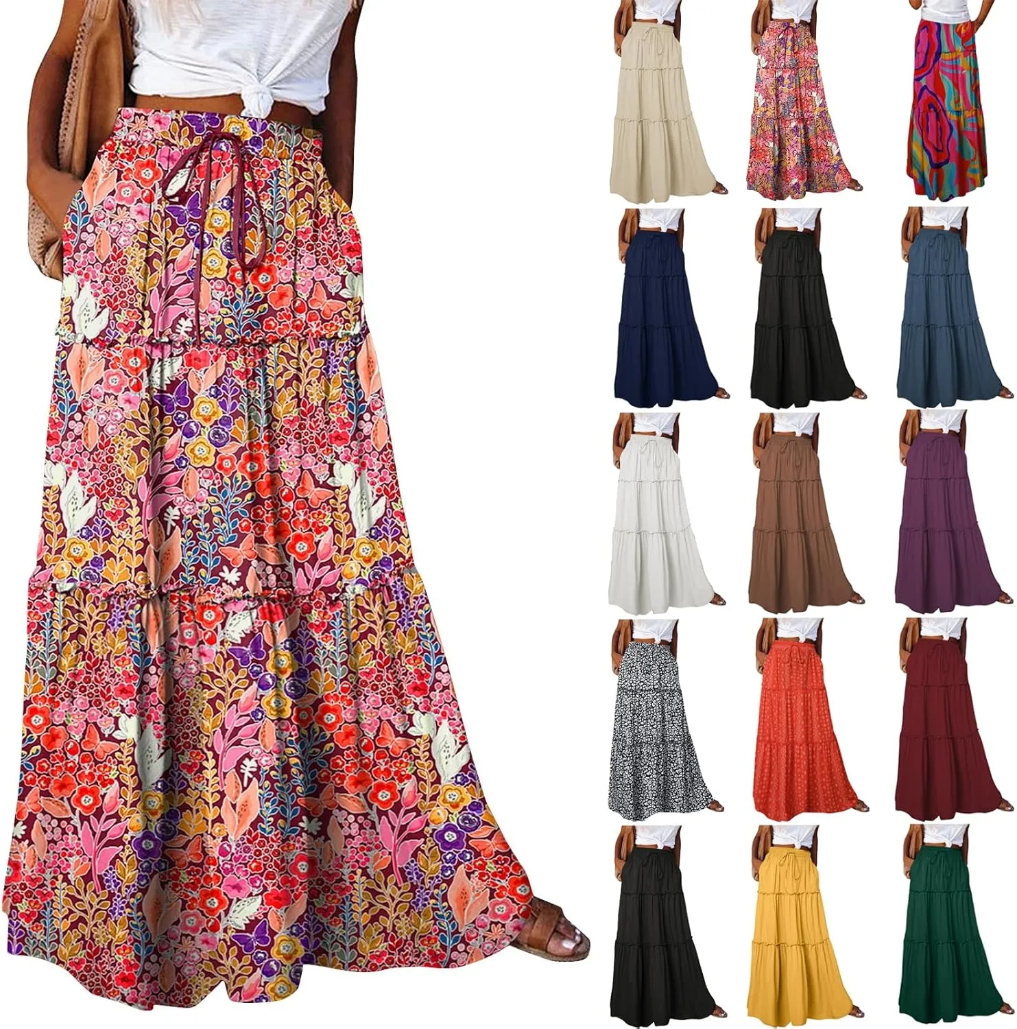 Maxi Skirts with Pocket for Women Floral Print Boho Tiered Skirt Elastic High Waist Pleated A Line Flowy Long Skirts