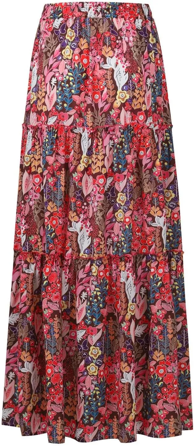 Maxi Skirts with Pocket for Women Floral Print Boho Tiered Skirt Elastic High Waist Pleated A Line Flowy Long Skirts