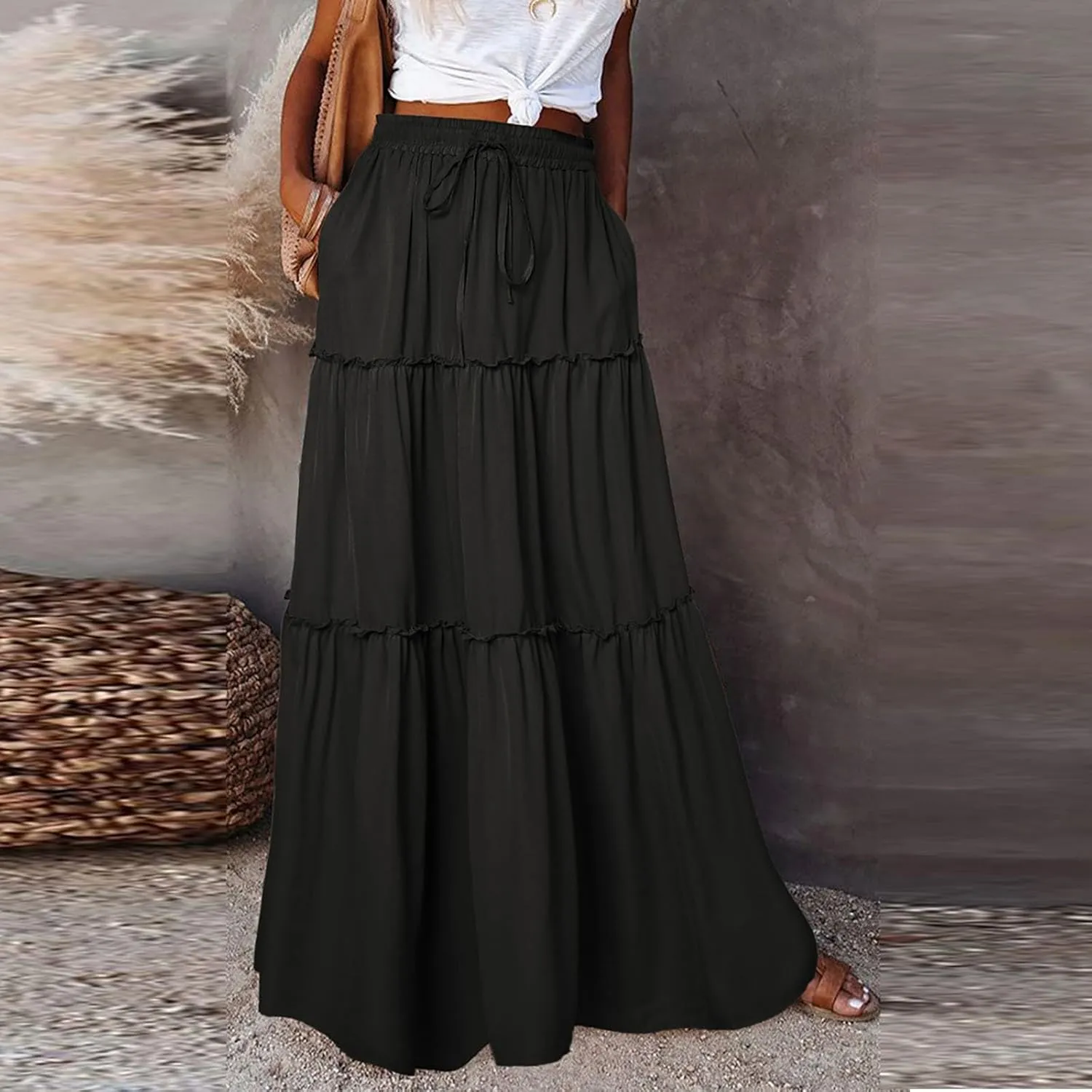 Maxi Skirts with Pocket for Women Floral Print Boho Tiered Skirt Elastic High Waist Pleated A Line Flowy Long Skirts