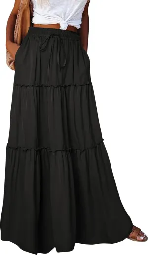 Maxi Skirts with Pocket for Women Floral Print Boho Tiered Skirt Elastic High Waist Pleated A Line Flowy Long Skirts