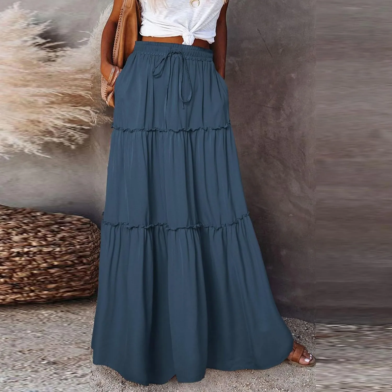 Maxi Skirts with Pocket for Women Floral Print Boho Tiered Skirt Elastic High Waist Pleated A Line Flowy Long Skirts