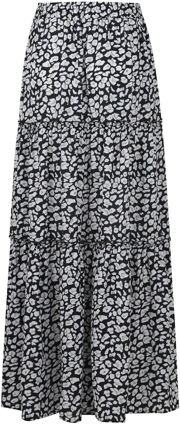 Maxi Skirts with Pocket for Women Floral Print Boho Tiered Skirt Elastic High Waist Pleated A Line Flowy Long Skirts